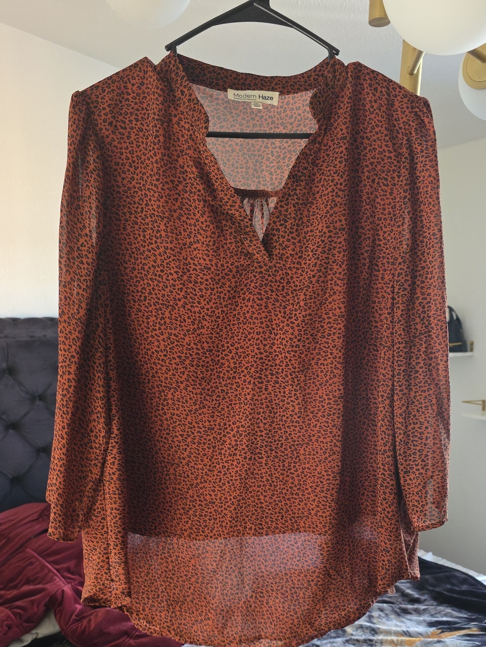 Rust Animal-Print Tie-Neck Blouse